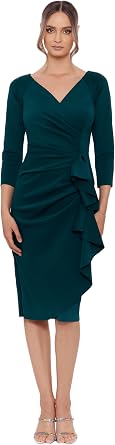 Xscape Womens 3/4 Sleeve V-Neck Side Ruched Midi Dress