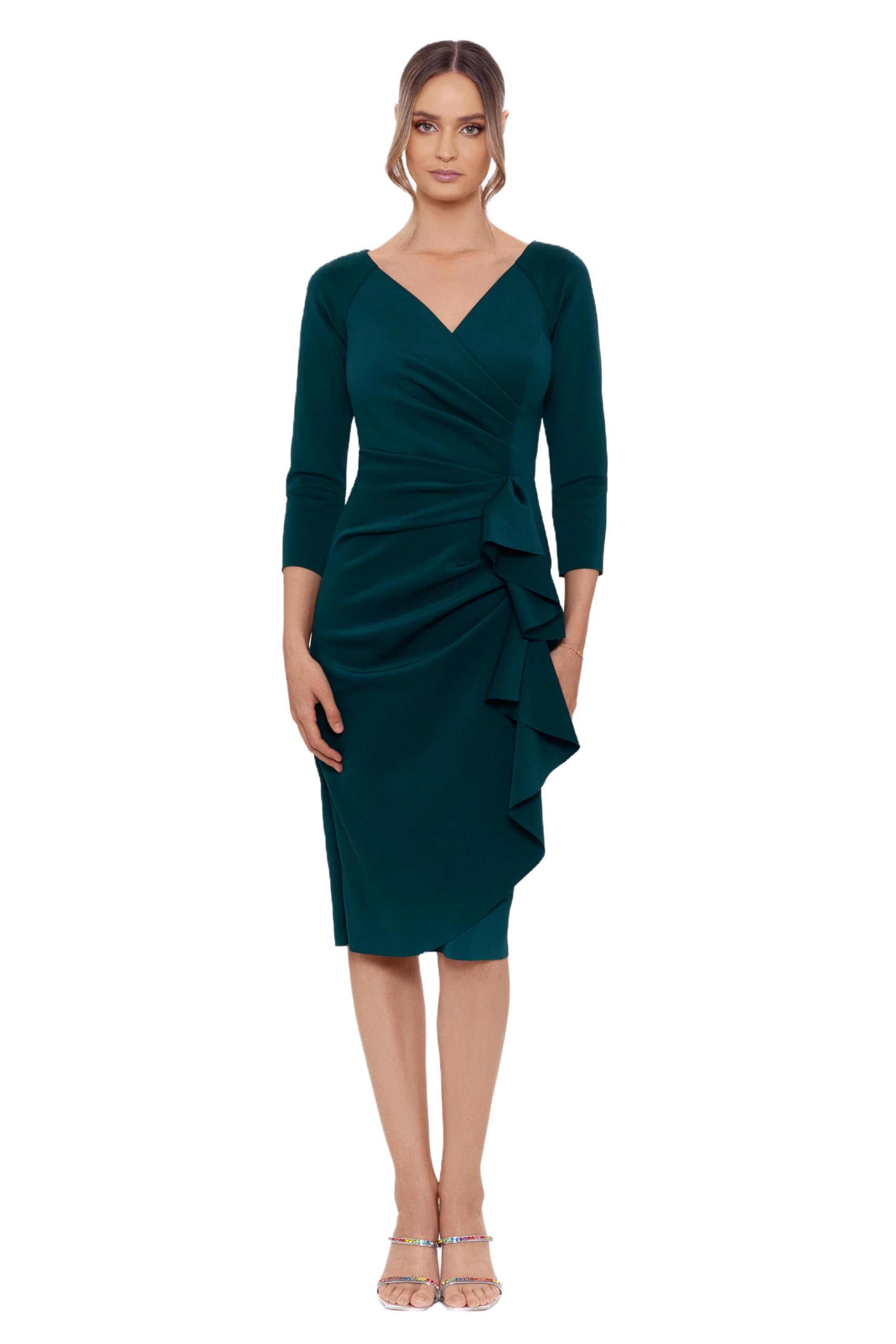 Xscape Womens Xscape Women's Short, Scuba Crepe Dress, with Long Sleeves and Ruffle Detail