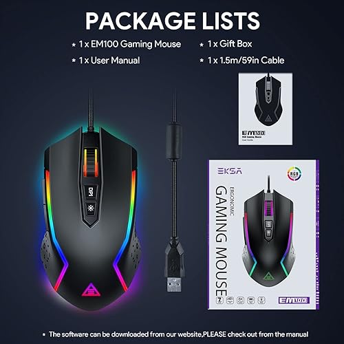 Miniatura 7 de EKSA Mouse para juegos mouse ergonómico con cable con 7 botones programables retroiluminación Chroma RGB 6 y ajustable 8000 DPI para jugadores de PC