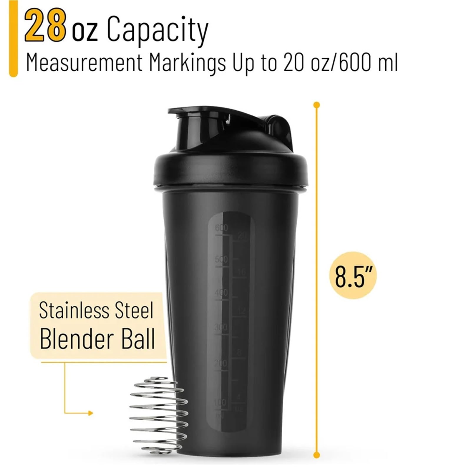 Tragbarer Protein-Shaker, 600 ml, Fitness-Flasche mit Drahtbesen, Ball für Enthusiasten, Sportler, perfekt für Outdoor-Fitness-Studio (schwarz)
