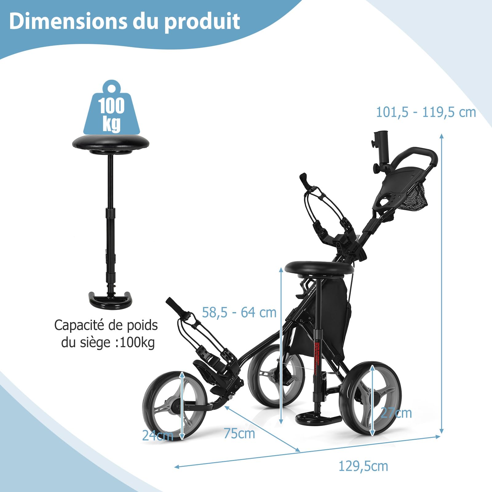 COSTWAY Chariot de Golf à 3 Roues Pliable, avec Porte-gobelet, Frein à Pied, Tableau de Score, Sac de Rangement, Poignée Réglable sur 4 Positions, Porte-Parapluie et Siège Réglables