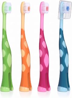 55Dental Kids Toothbrush Set of Soft Giraffe Toothbrush for Kids 3-12. Easy-Grip, Bristle Cover, Self-Standing & Splited Bottom for Cup Rim. by Lix, 4 Colors