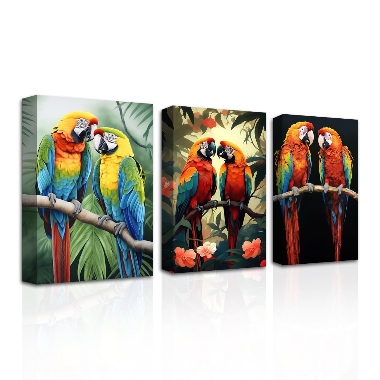 CXHOSTENT Parrot Canvas Wall Art set of 3 Parrot Couple on Branch Painting Tropical Rain Forest Animal Pictures Prints Colorful Birds Artwork Framed (Parrot-1, 30.00 x 40.00 cms x 3PCS) — image 1