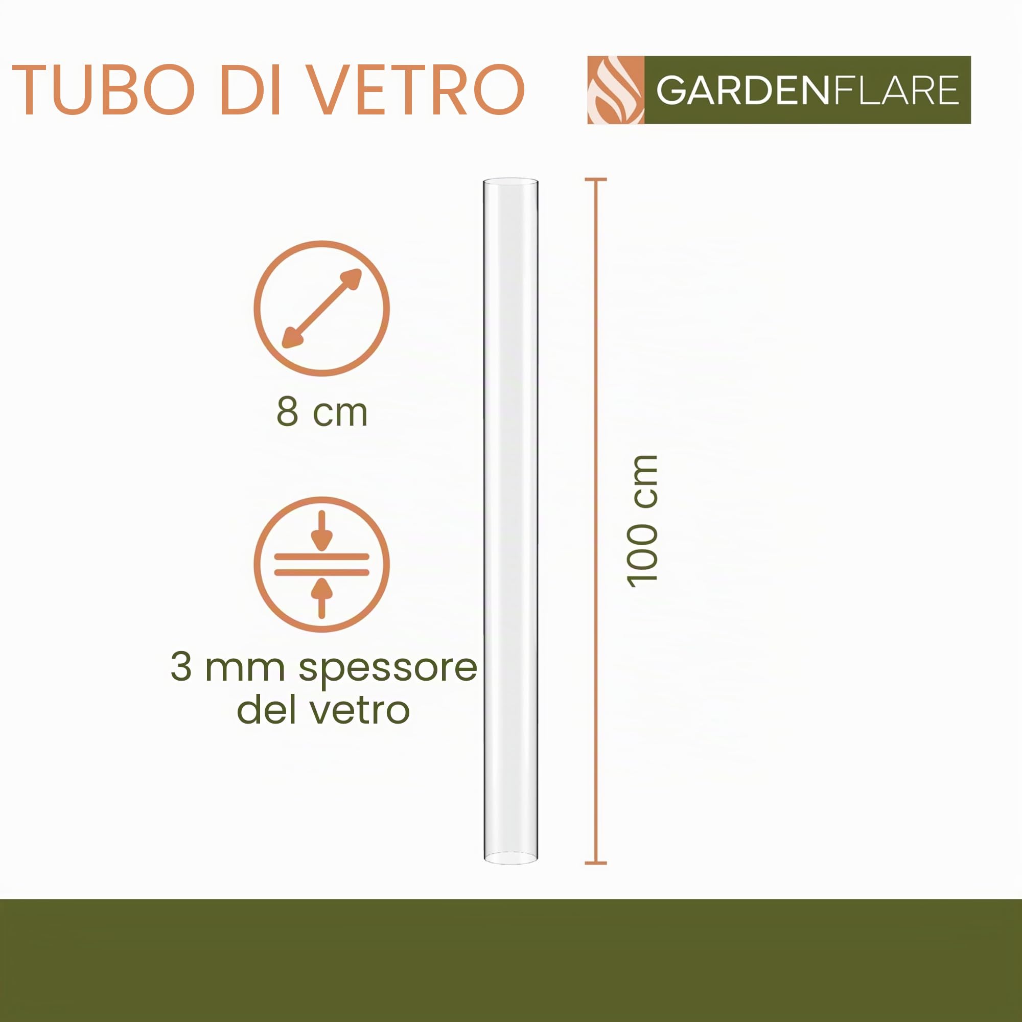 GARDENFLARE Tubo di vetro per il fuoco – Ricambio per la vostra colonna di fuoco classica, torcia a pellet – Cilindro in vetro senza fondo – Tubo in vetro ignifugo per faretto da terrazza, fungo