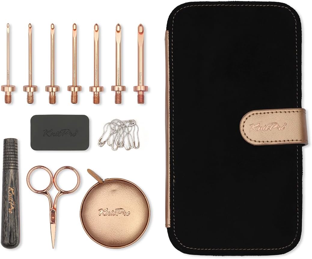 KnitPro Oasis Starter Crochet Set - 1 Wooden Handle, 7 Hooks in Sizes 2mm to 5mm, 1 Rose Gold Scissors, 1 Tape Measure, 10 Metal Locking Stitch Markers, 1 Gripper
