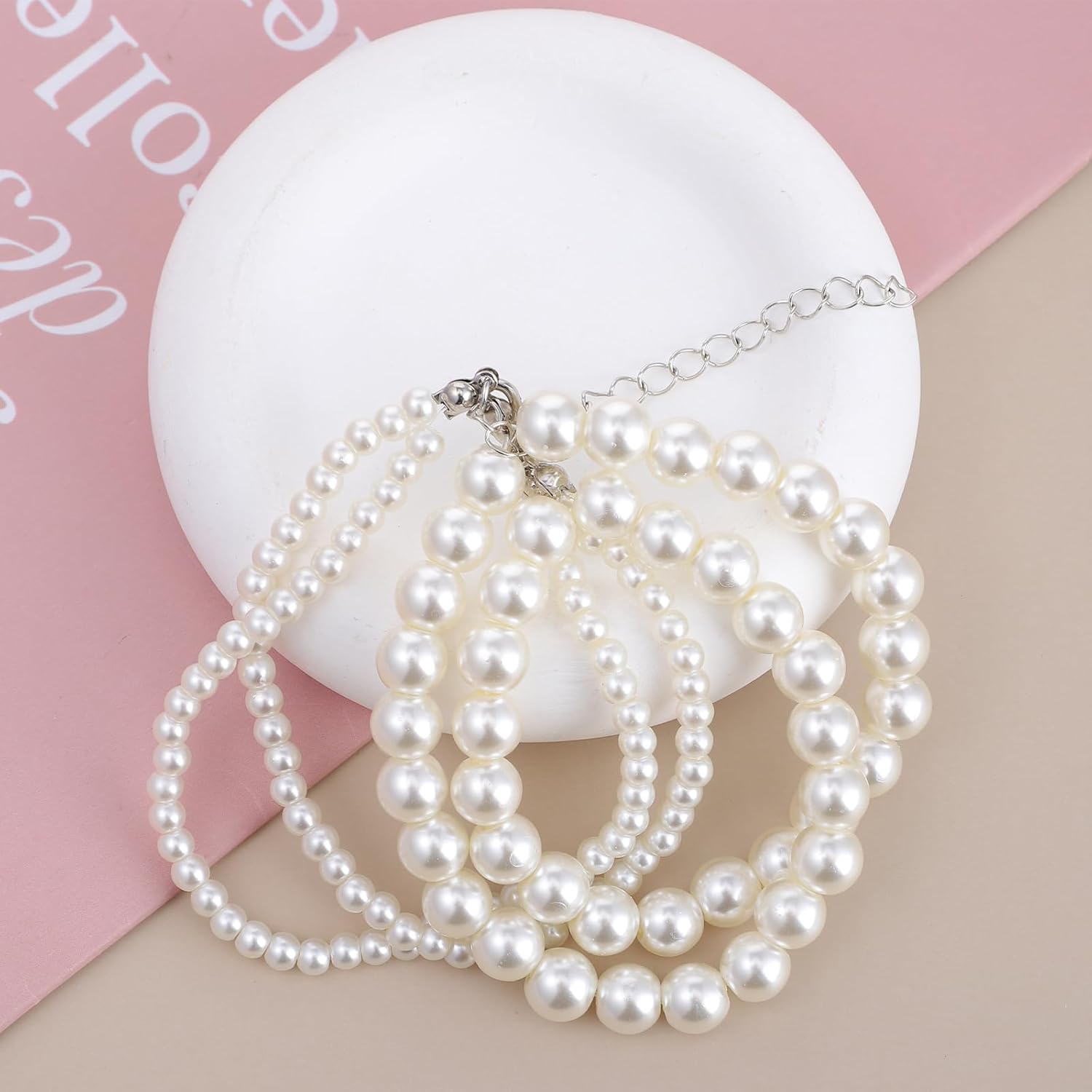 Women's White Pearl Bracelet Stack, Layered Pearl Bracelets for Women, Chunky Dainty Sets Faux Pearls Vintage Bangles, Chain & Stack Designs Fashion Jewelry - Image 3