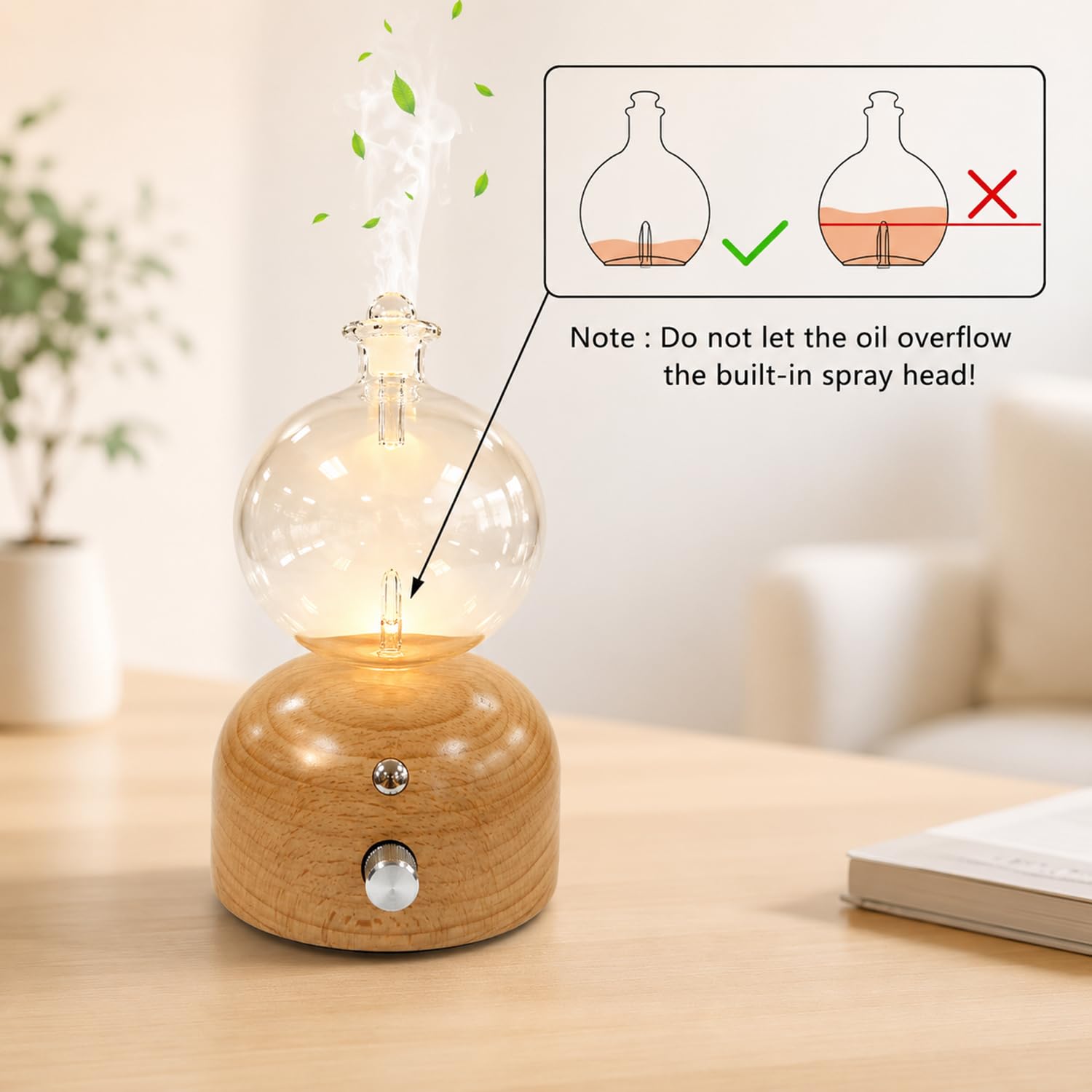 Diffusore di Oli Essenziali, Nebulizzatore Senza Acqua per Aromaterapia in Vetro e Legno Massello Diffusore Ambiente Elettrico Senza Fili per Casa Viaggi Yoga