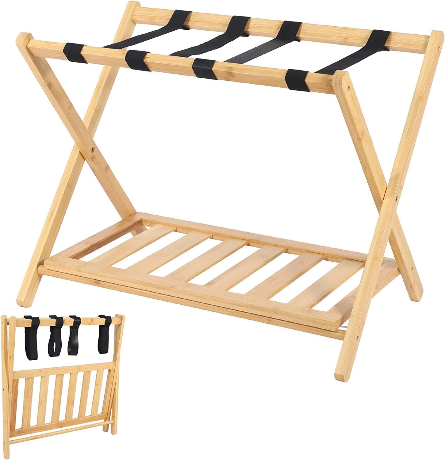 REDCAMP Holz Kofferständer Luggage mit Regal für zu Hause,Klappbarer Gepäckträger für Gästezimmer, Hotelzimmer 68 x 40 x 58 cm