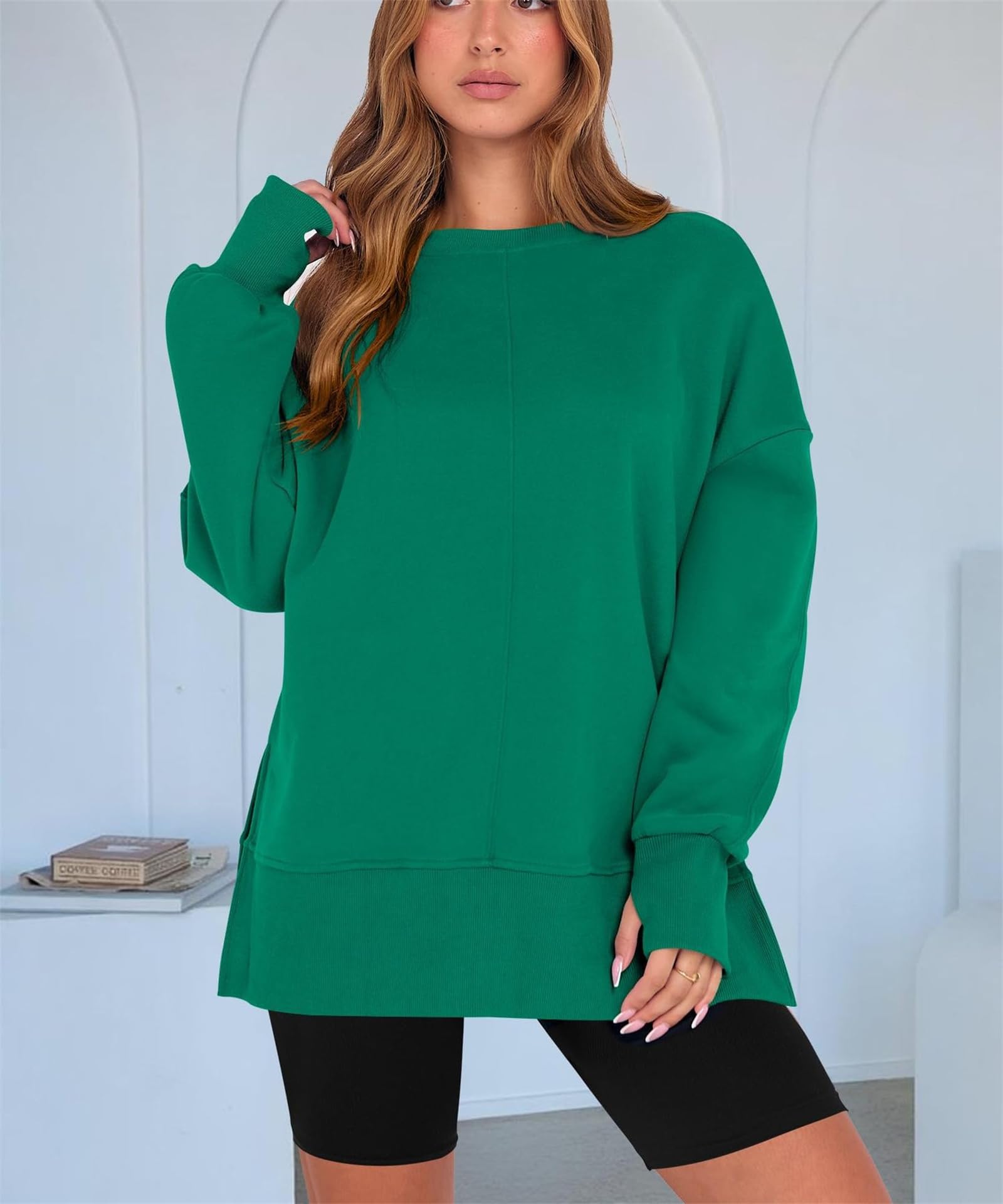 Bluza damska z otworem na kciuk, bluza z kapturem z długim rękawem, koszula, wygodna górna część swetra z rozcięciem po bokach, bluzy z okrągłym dekoltem