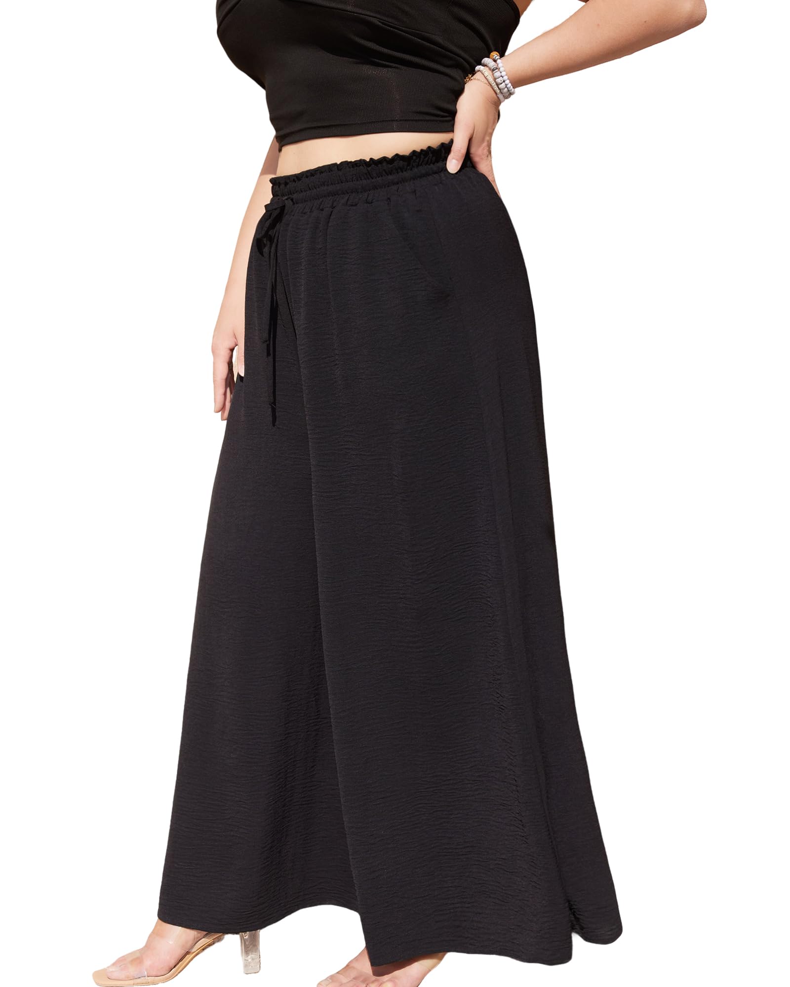 Womens Wide Leg Linen Pants Summer Casual Palazzo Flowy Elastic High Waisted with Pockets Boho Beach Trousers