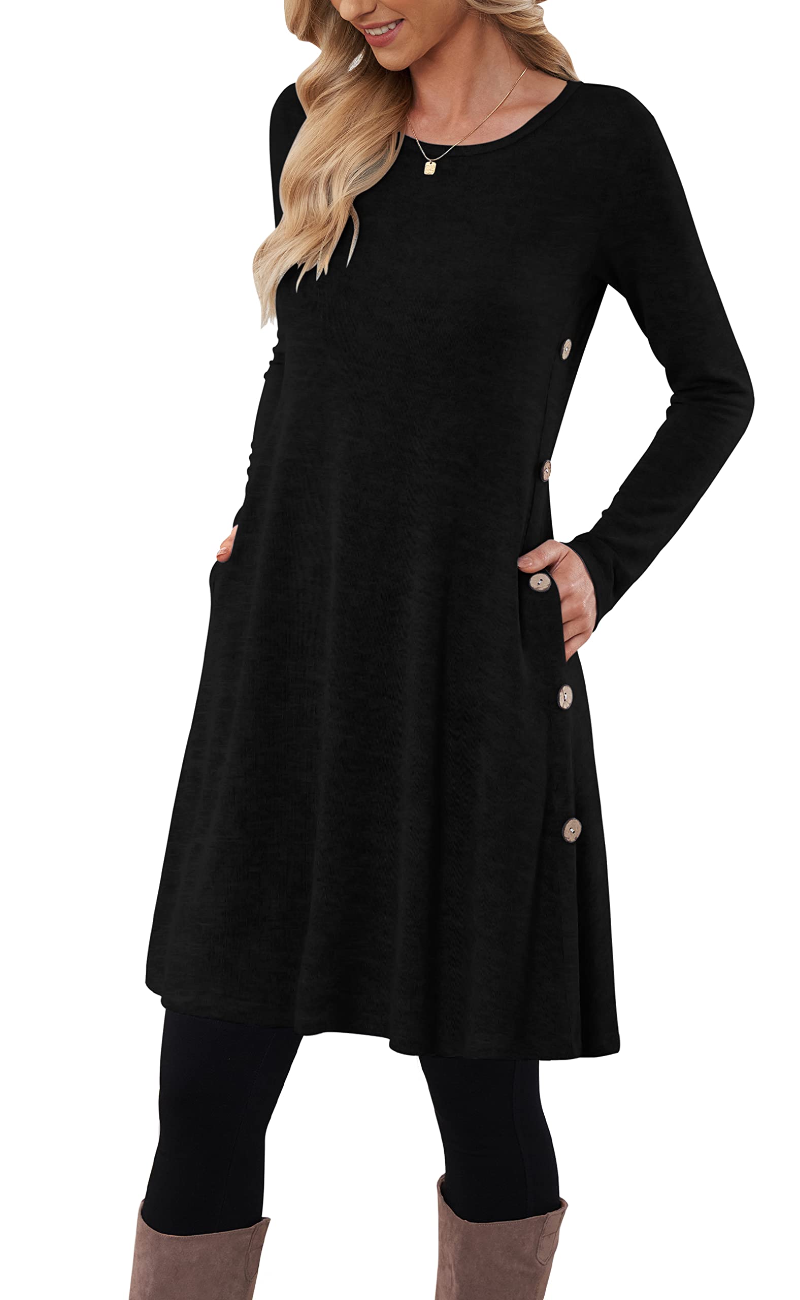 MOLERANI Vestido de Jersey para Mujer Vestido de Manga Larga Botón de Mujer Vestido Túnica Casual con Bolsillos