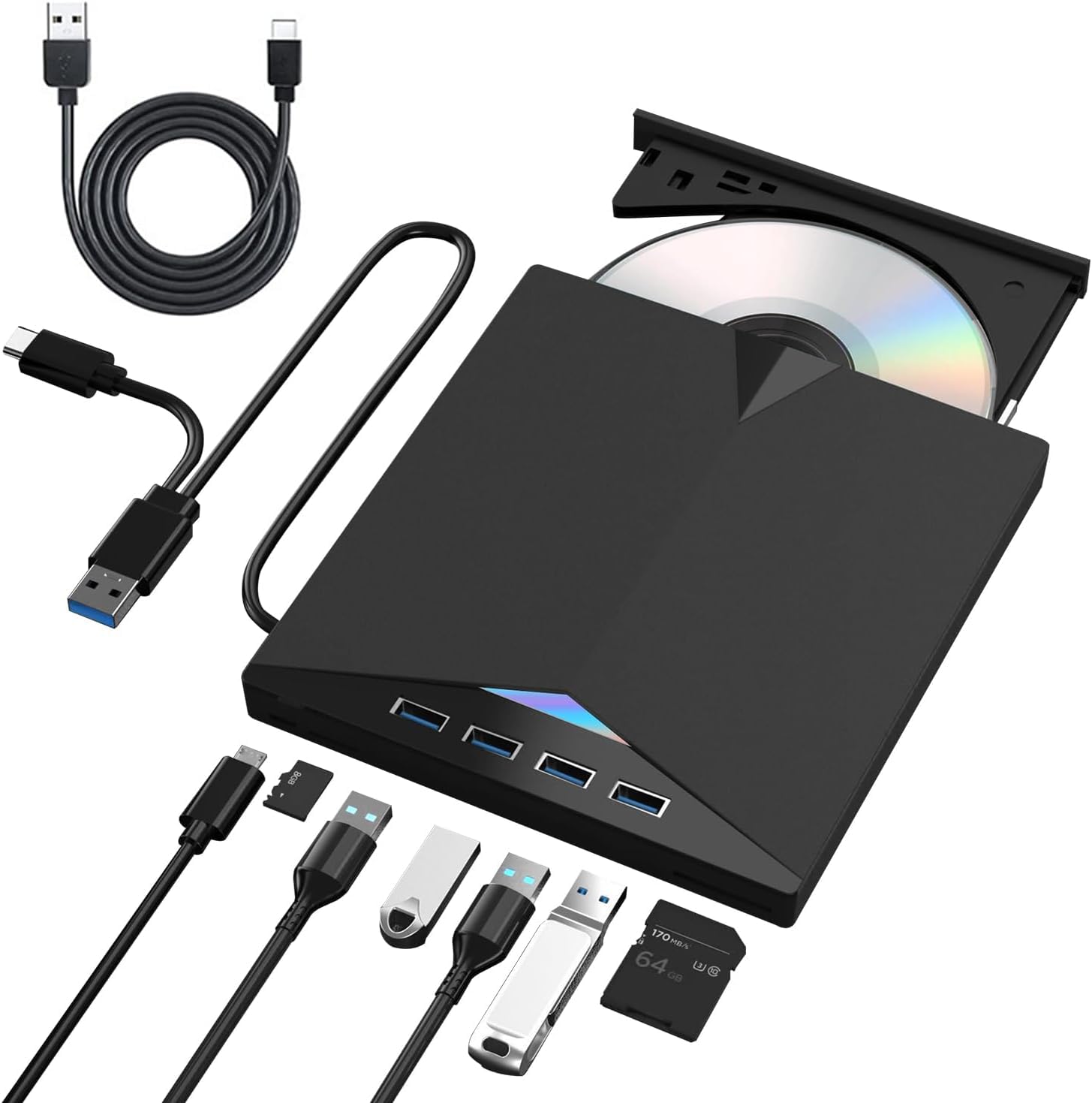 8 en 1 Lecteur Blu-Ray Externe - Lecteur DVD/BD Graveur Blu Ray avec USB 3.0 Type-C, Portable Lecteur Blu Ray Externe, 3D CD DVD Graveur Optical Bluray Drive pour PC Windows 11 10 8 7