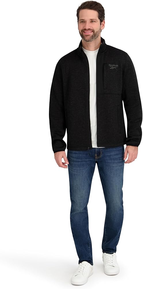 Reebok Mens Mock Neck Zip-Up Sweater Fleece Shell Jacket, Black, S