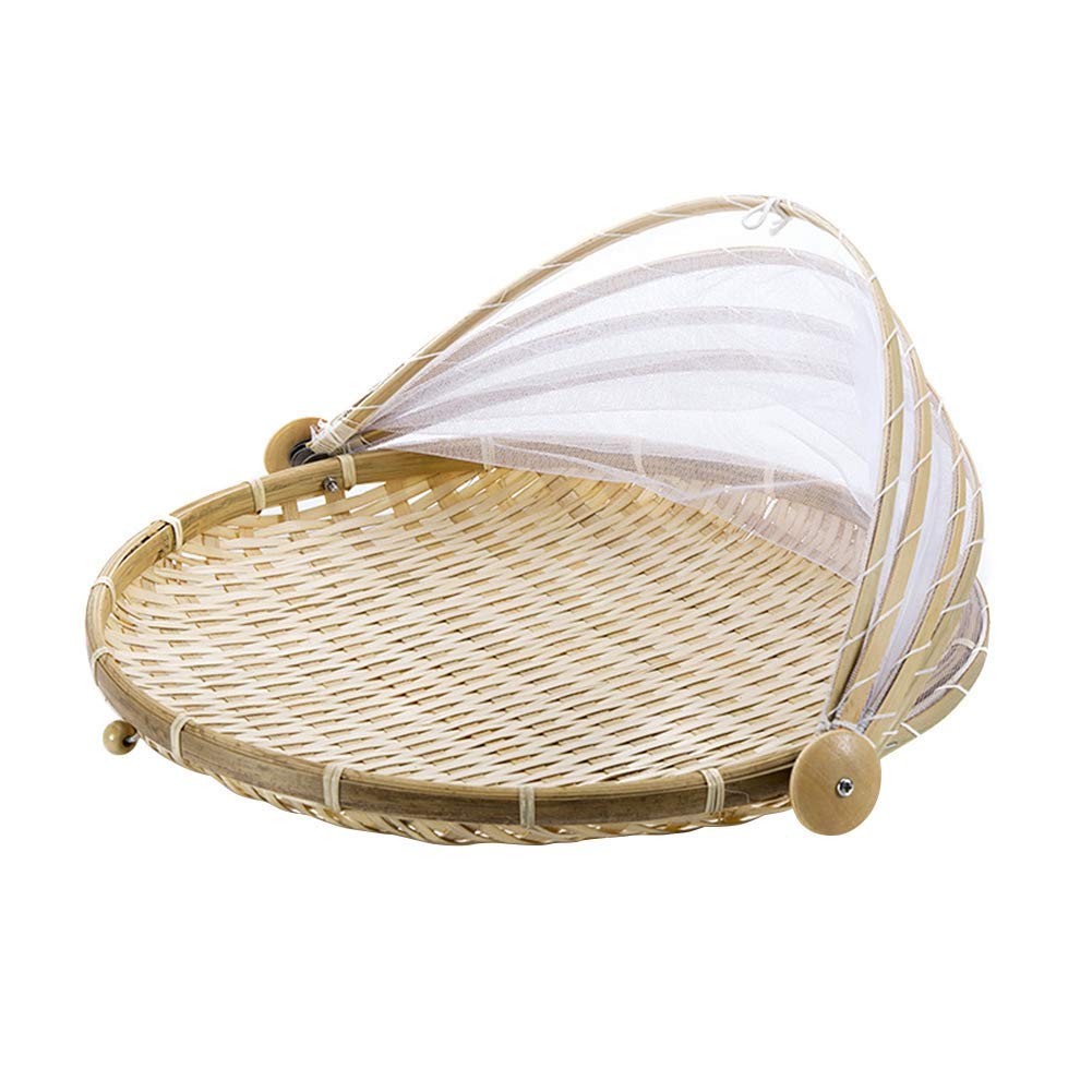 AZXAZ Mesh Food Basket Hand-Woven Food Serving Tray With Net Cover Round Bamboo Bread Basket Dustproof Food Tent Basket Fruit Snacks Container