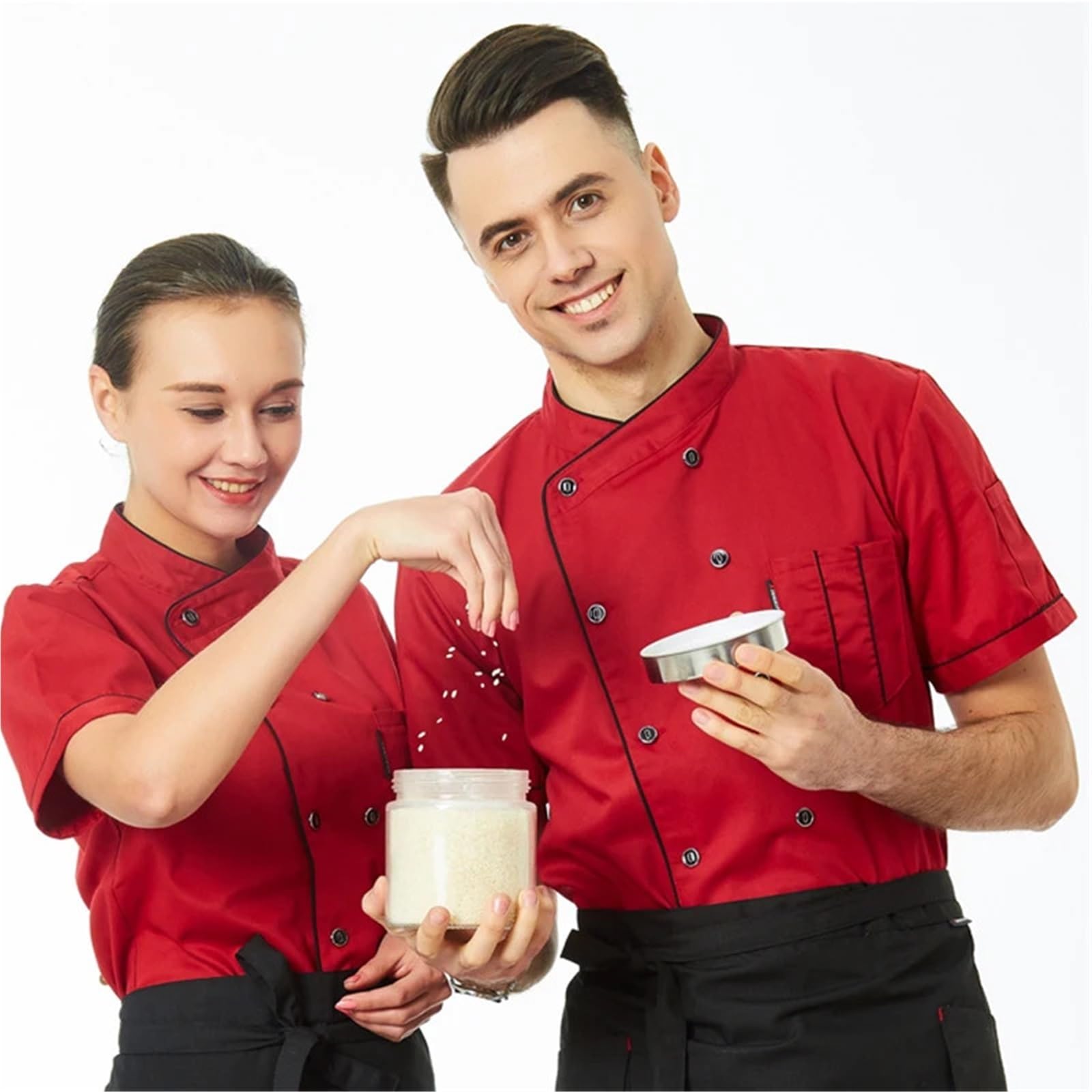Ropa De Cocinero Chaqueta de Chef de Manga Corta, Abrigo de Cocinero, Uniforme de Trabajo de Barista, Panadero, Camarero, Restaurante, Ropa de Hotel(Pink,XXL)