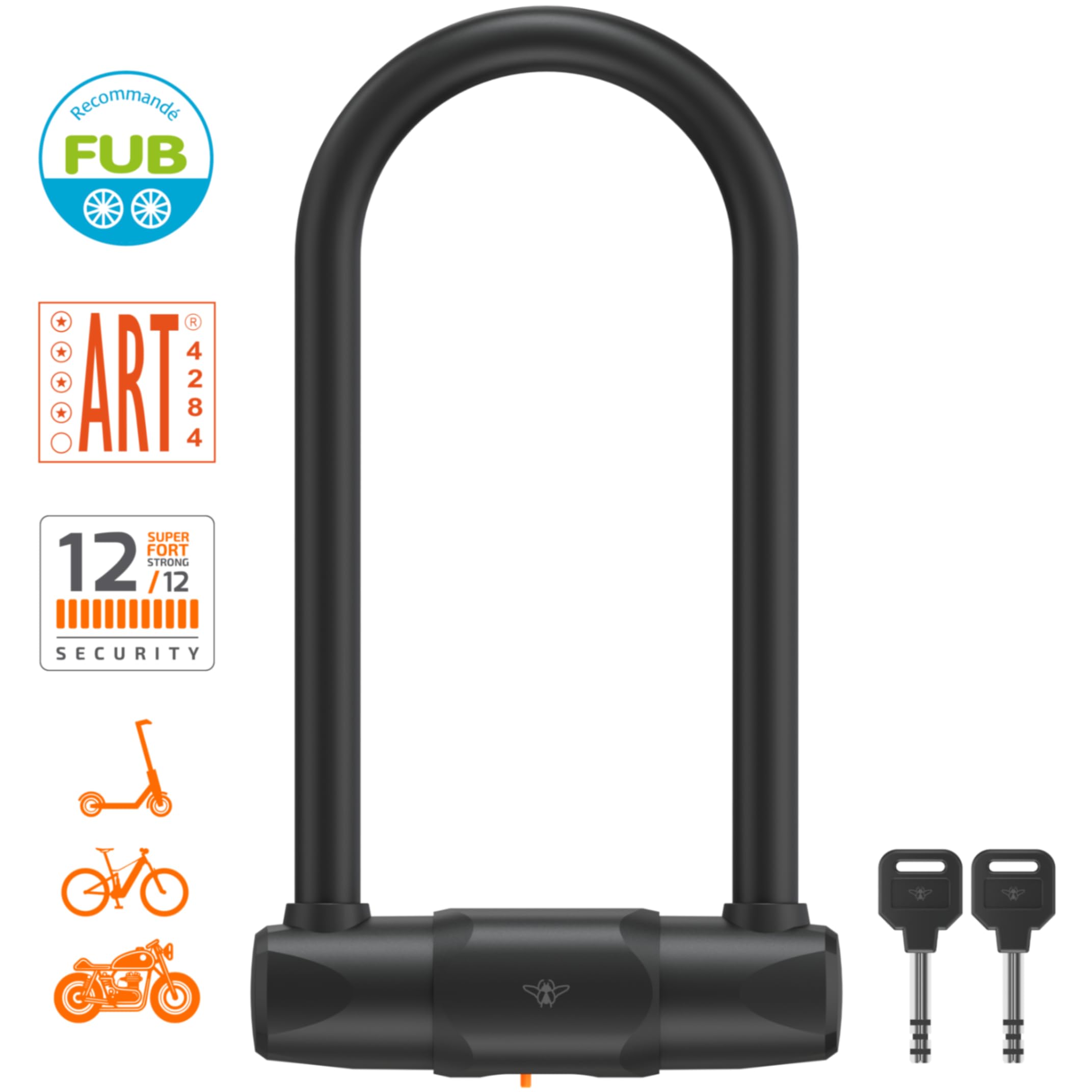 CASR Antivol U XL Fahrradschloss, Fahrradschloss hohe Sicherheit – FUB 2 & ART 4 zertifiziert, Bügelschloss E-Bike, Moto, Roller, 15mm Stahl, 1,7 kg, 23,3cm Bügel, 2 Schlüssel, Schwarz