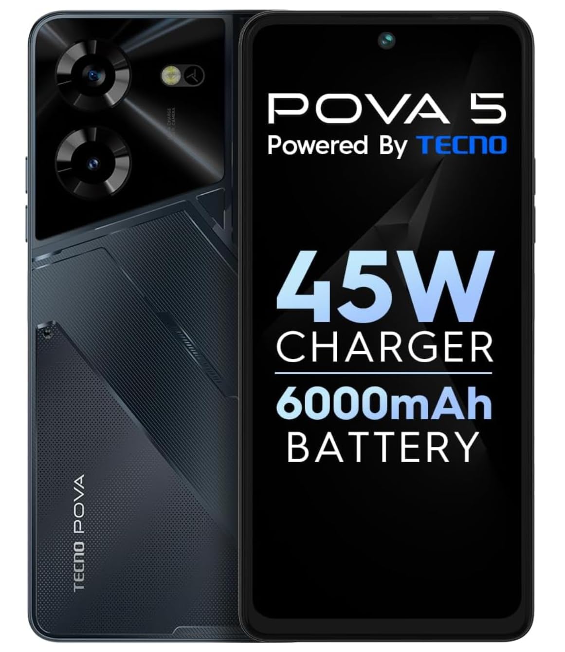 Tecno Pova 5 Smartphone, 8GB RAM, 128GB ROM, 45W Ultra Fast Charging, 6000mAh Battery, 3D Textured Design, 6.78-inch FHD+ Display, Mecha Black