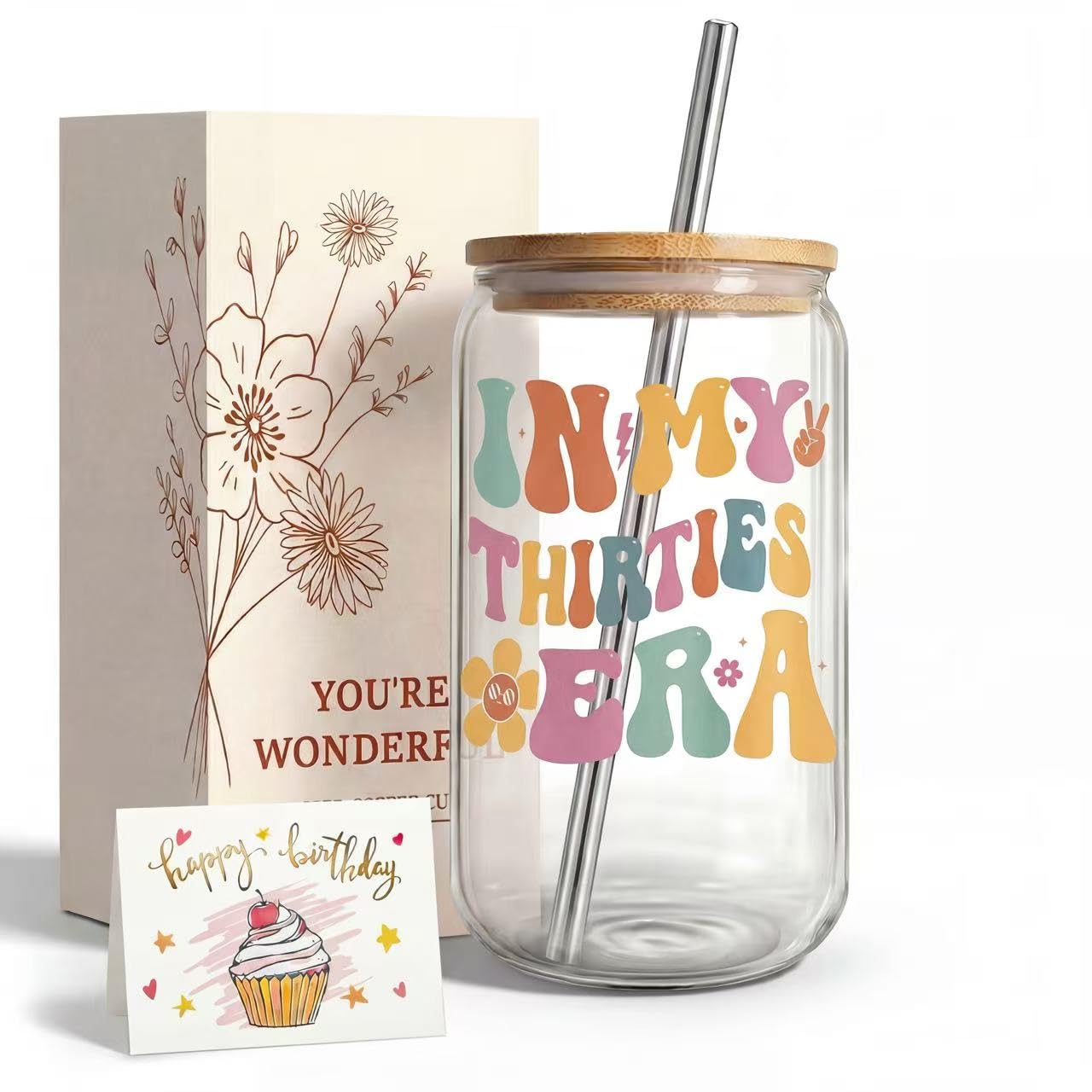 ZUFIO 30th Birthday Gifts for Women, Thirty & Age in My Thirties Era Glass Tumbler with Bamboo Lid, Straw & Birthday Card, BPA-Free 30th Birthday Mug Alternative