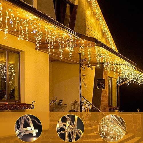 WOWDSGN LED Eisregen Lichterkette Außen, 15M 660LED Eiszapfen mit Timer 8 Modi IP44 wasserdicht Strombetrieben, Lichtervorhang für Weihnachten Dachkante Dachrinne Terrasse Balkon Warmweiß