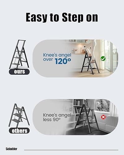 Miniatura 7 de SOLADDER Escalera de 3 escalones, taburete plegable delgado con pasamanos, escalera negra plegable de aleación de aluminio ligera con pedal ancho