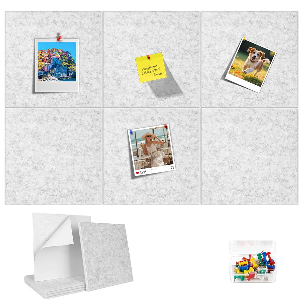 URAQT Cork Board 90 x 60 cm, 6 Pack Felt Bulletin Board with 50 Push Colored Pushpins, Notice Pin Board Bulletin Boards with Removable Self-Adhesive, Felt Wall Tiles for Walls Room Office Memos