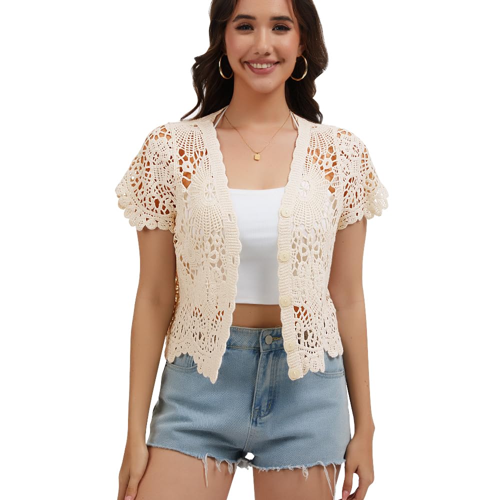 Boléro à manches courtes pour femme avec dentelle au crochet