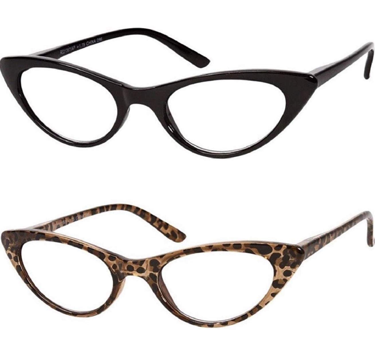 Readers The Brit Cat Eye Reading Glasses, Full Frame for Women +2.00 (2 Pair) Black and Brown Leopard (2 Microfiber Cleaning Pouches Included)