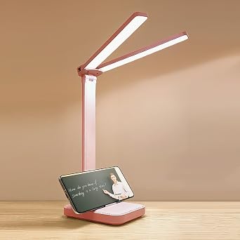 LED Double Head Desk Lamp, Rechargeable Portable Table Lamp, Adjustable Light Color and Brightness, USB Powered, LED Light for Work, Reading, Emergency Pink