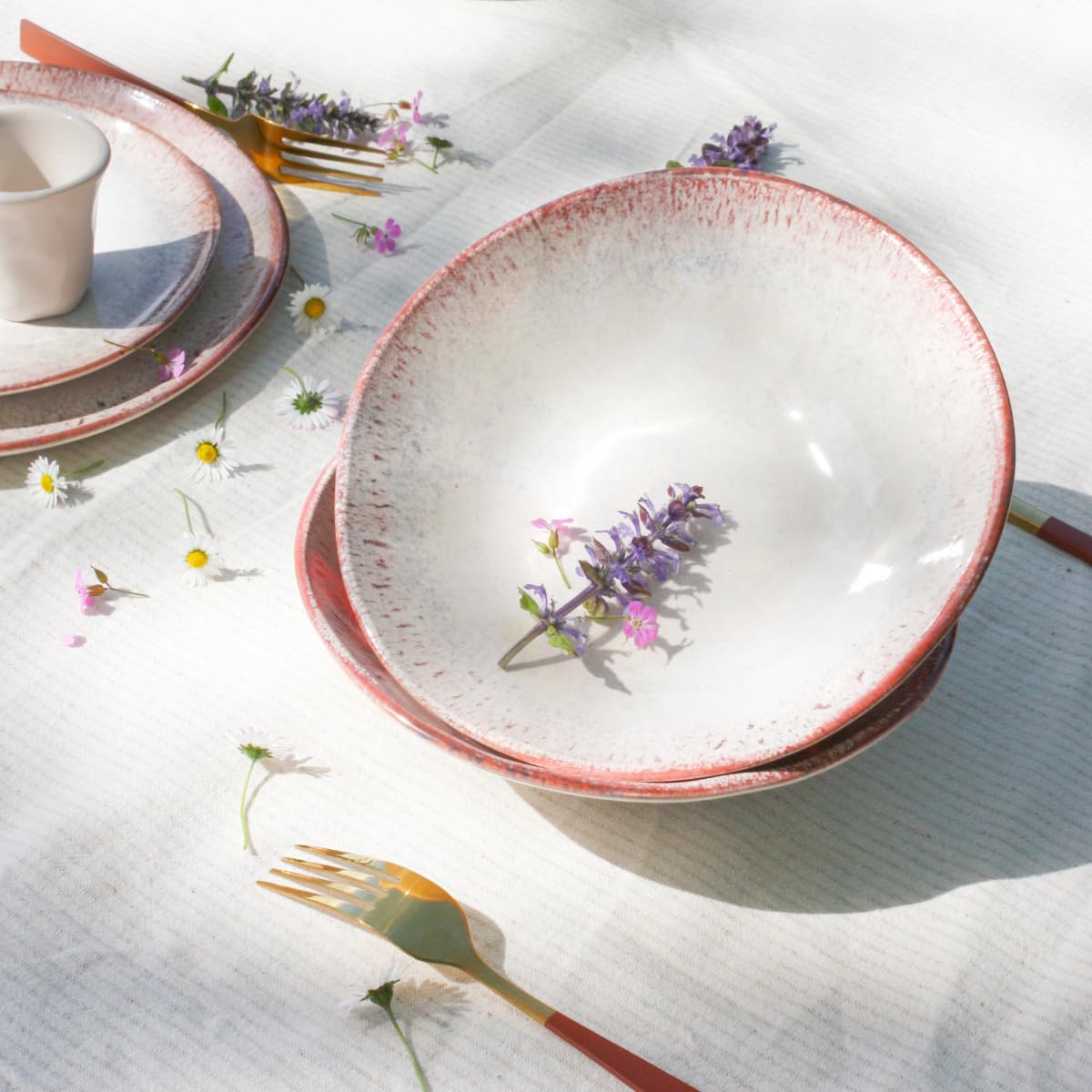 Artime Lot de 6 Assiettes Creuses, Assiettes en Céramique beige et Rose, Chic, Assiette à pâtes, Adapté Lave-Vaiselle et Micro-onde