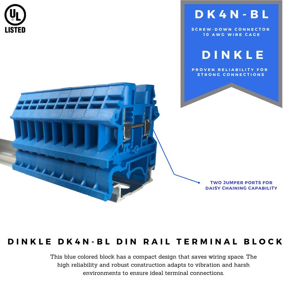 Dinkle Blue DK4N-BL DIN Rail Terminal Block Screw Type UL 600V 30A 10-22AWG, Pack of 100 - Image 2