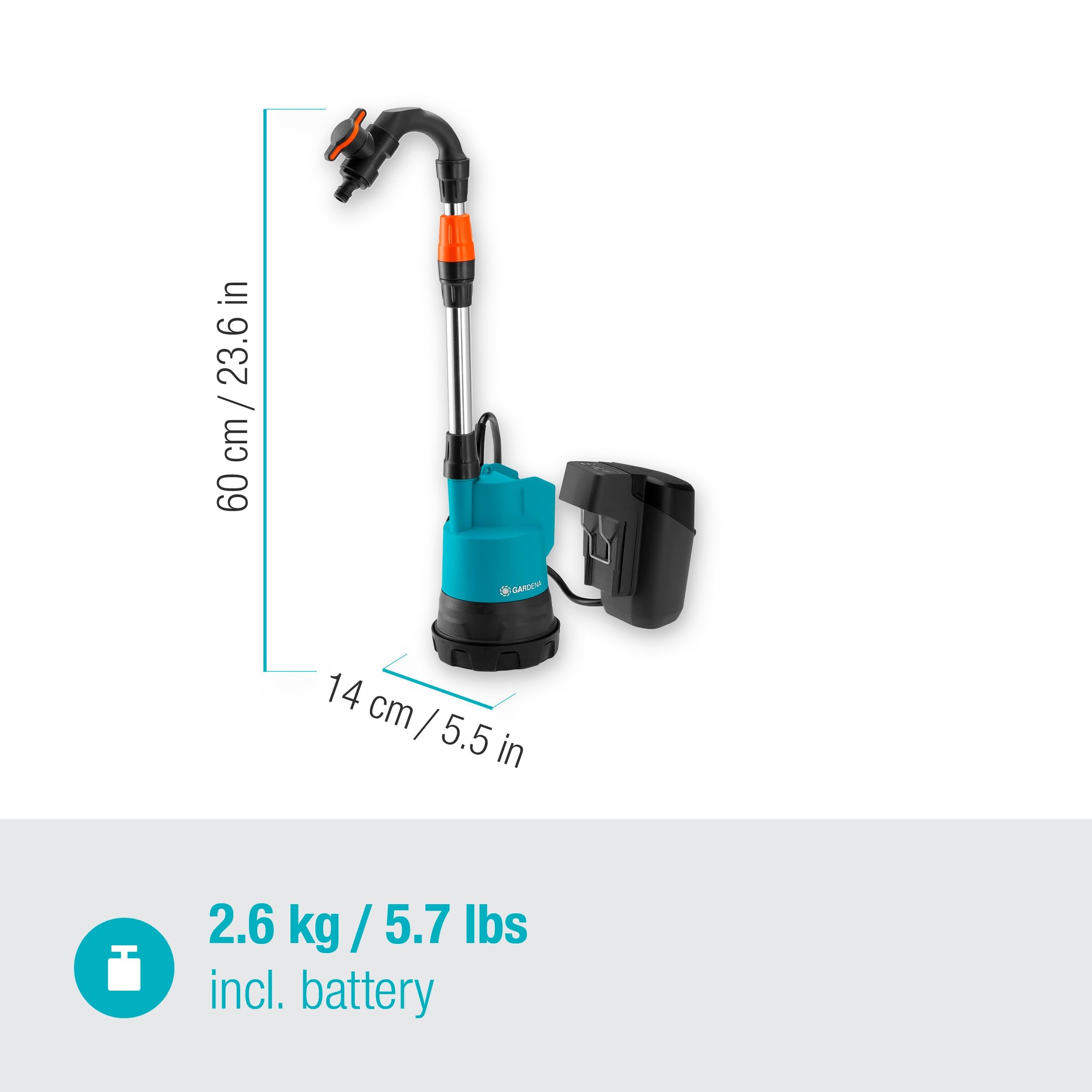Gardena Pompe pour collecteur d'eau de pluie sur batterie 2000/2 18V P4A - Kit prêt à l'emploi: Débit et pression élevés, Niveaux de puissance réglables, Protection contre la marche à sec (14602-20)