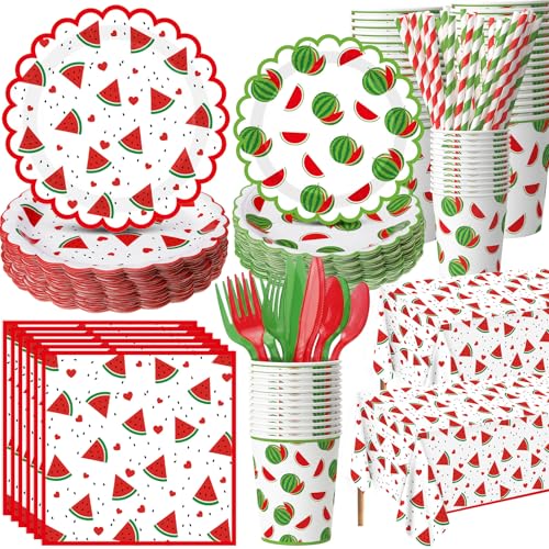 Ceenna 452 Pcs Watermelon Party Decoration 50 Guests Watermelon Paper Plates Napkins Cups Tablecloth Cutlery Straw Summer Fruit Tableware for One in a Melon Birthday Baby Shower Party Decoration