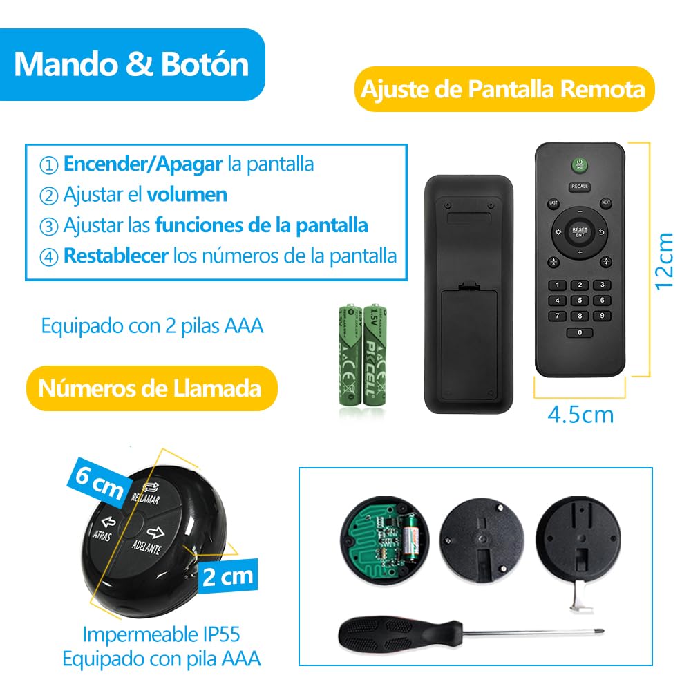 Pantalla de Su Turno(Llamada en Español) | 3 Dígitos, para Mostradores Múltiples, Botón de Llamada Gestión de Turno, Numero Turno | 1 Pantalla Su Turno+ 3 Botón de Llamada+1 Mando