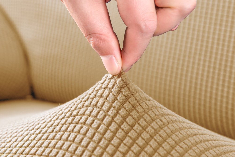 Grube pokrowce na sofę 1 2-3-4-osobowa żakardowa sofa pokrowiec antypoślizgowy łatwe dopasowanie dziewiarski poliester spandex tkanina stretch wszystkie pory roku ochraniacz na kanapę (4-osobowa: 230-300 cm, beżowy)