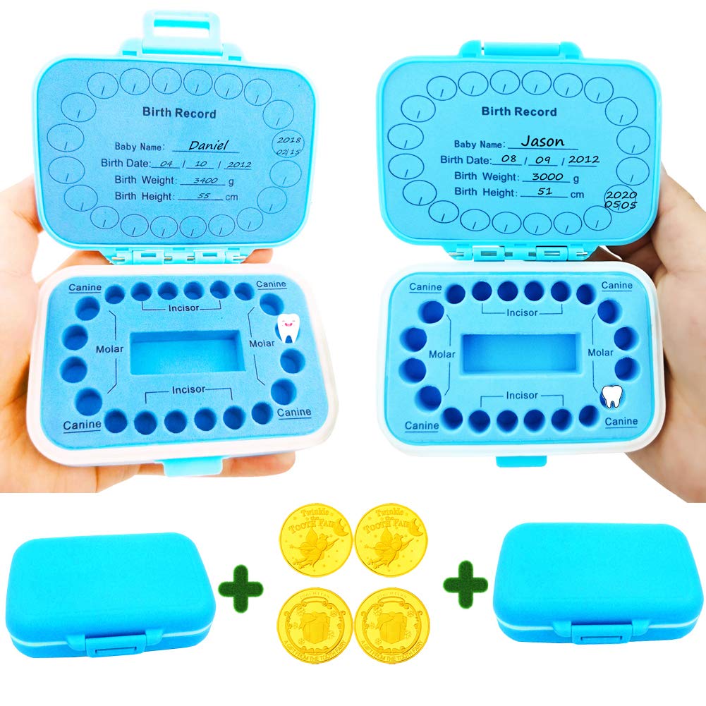 ZOOLMEEAN Baby Teeth Keepsake Box, pp Children Kids Tooth Storage Holder Organizer Printed in English to Keep The Child-Wood Memory with 2Pcs Tooth Fairy Golden Coin (Blue+Blue)