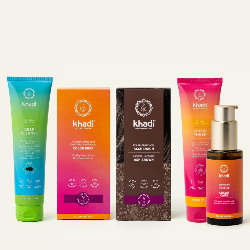 khadi ColorCycle CASTANO CENIZA Kit completo - Tinte vegetal para el cabello + DEEP CLEANSE Champú clarificante ayurvédico + COLOR FINISH Acondicionador para después del tinte + Aceite capilar COLOR C