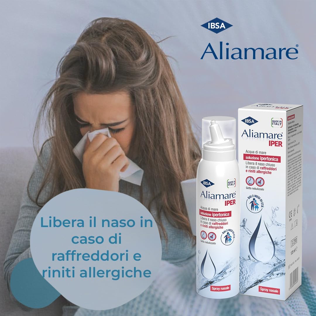 IBSA Aliamare Iper Spray 125ml | Soluzione Ipertonica Di Acqua Di Mare. Libera Il Naso Chiuso in Caso Di Raffreddore, Rinosinusiti E Riniti Allergiche. Indicato Per Adulti E Bambini, Anche Neonati
