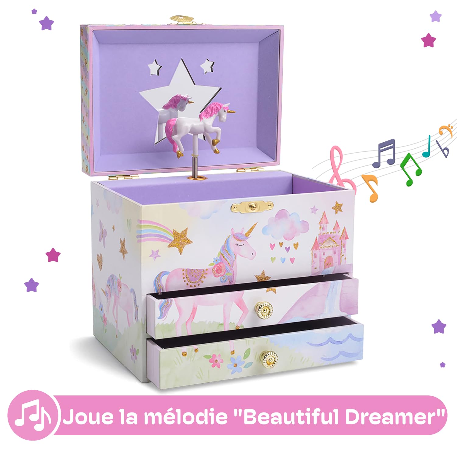 Jewelkeeper Pudełko na biżuterię z jednorożcem z 2 szufladami, brokatowe gwiazdki, melodia The Beautiful Dreamer - Pudełko na biżuterię dla dziewczynek, pudełko na biżuterię dla dzieci - 17,1 x 11,4 x