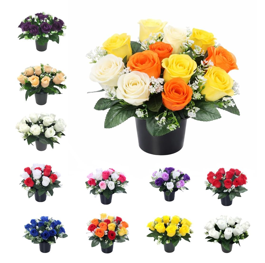 Fleurs artificielles pour tombe résistantes aux UV avec pot de fleurs au design durable