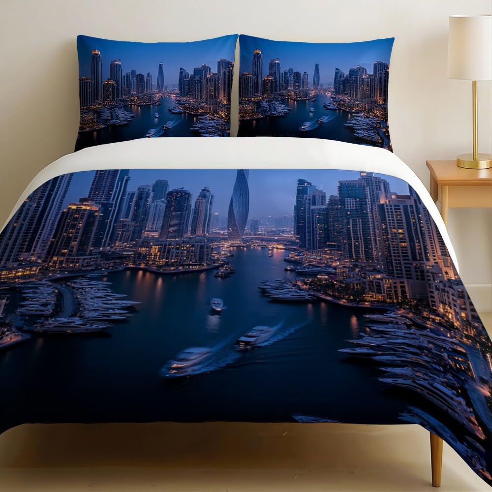 Housse de couette paysage urbain bleu thermorégulatrice contre la transpiration nocturne
