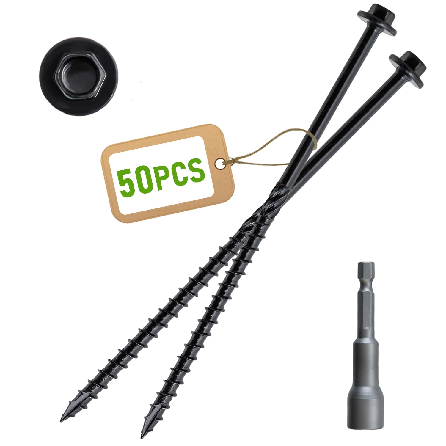 50-Pack #14 x 6" Heavy Duty Black Wood Structural Screws - Rust-Resistant Hex Head Timber Log Screws with Hex Socket