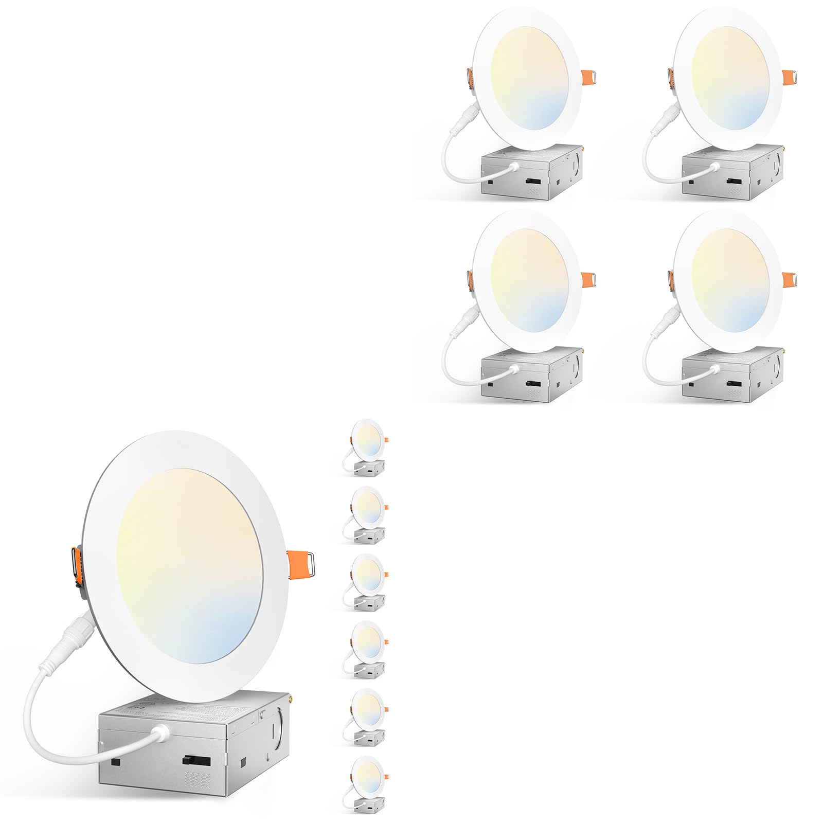 Amico 10 Pack 5 Inch 5CCT Ultra-Thin LED Canless Recessed Ceiling Light with Junction Box, 2700K/3000K/3500K/4000K/5000K Selectable, 11W=75W, 900LM High Brightness, Dimmable Wafer Downlight-ETL&FCC