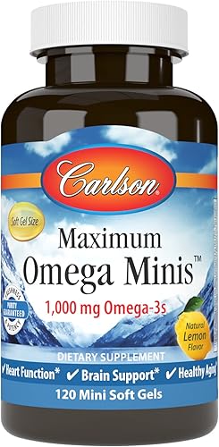 Carlson - Omega Minis máximo, 1000 mg de Omega-3, función cardíaca, apoyo cerebral y envejecimiento saludable, limón, 120 mini cápsulas blandas