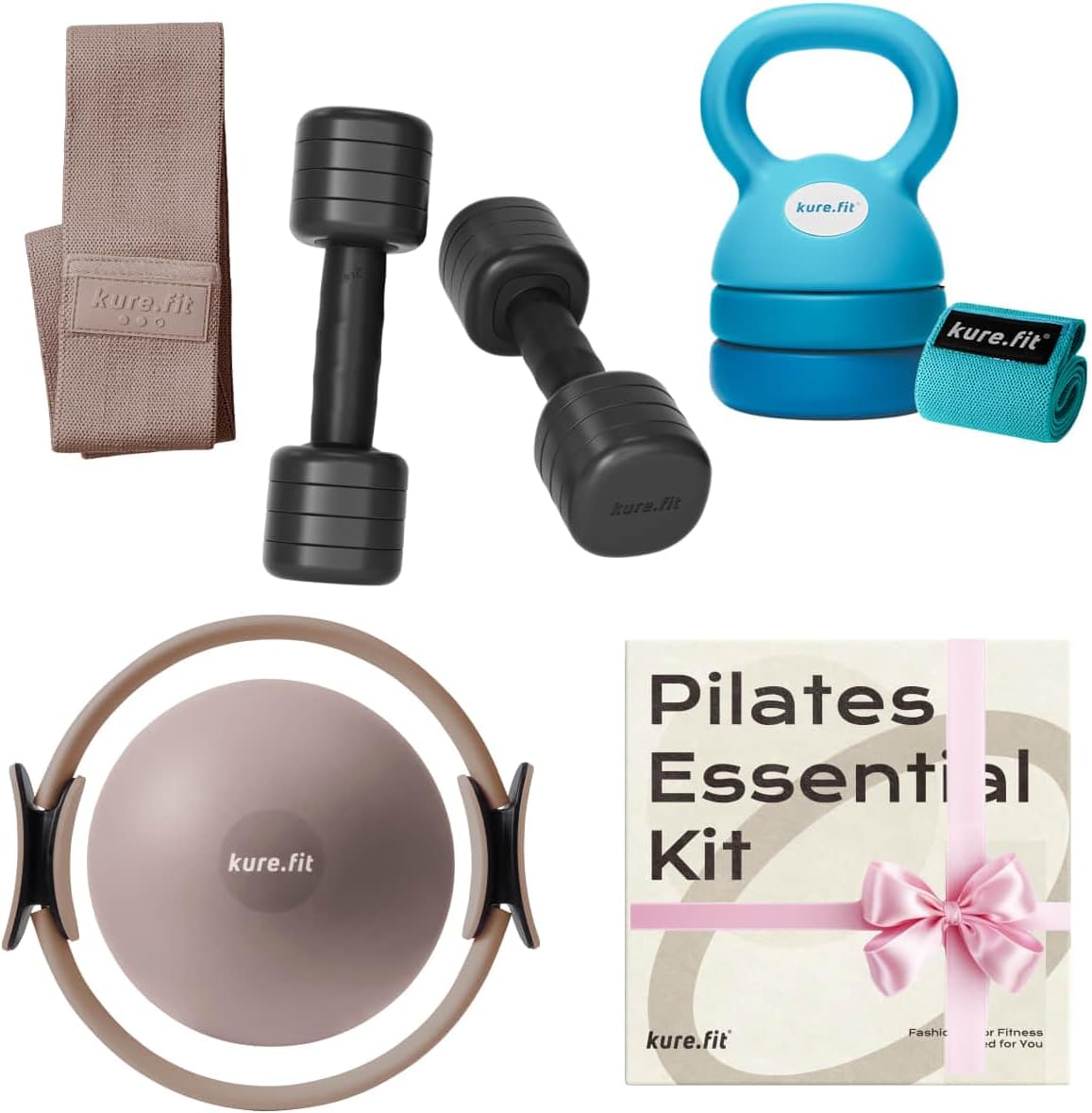 Black Adjustable Kettlebell 5lb to 12lb Blue Adjustable Dumbbell Set 2lb to 5lb and Taupe Pilates Kit Bundle - Image 1 of 9