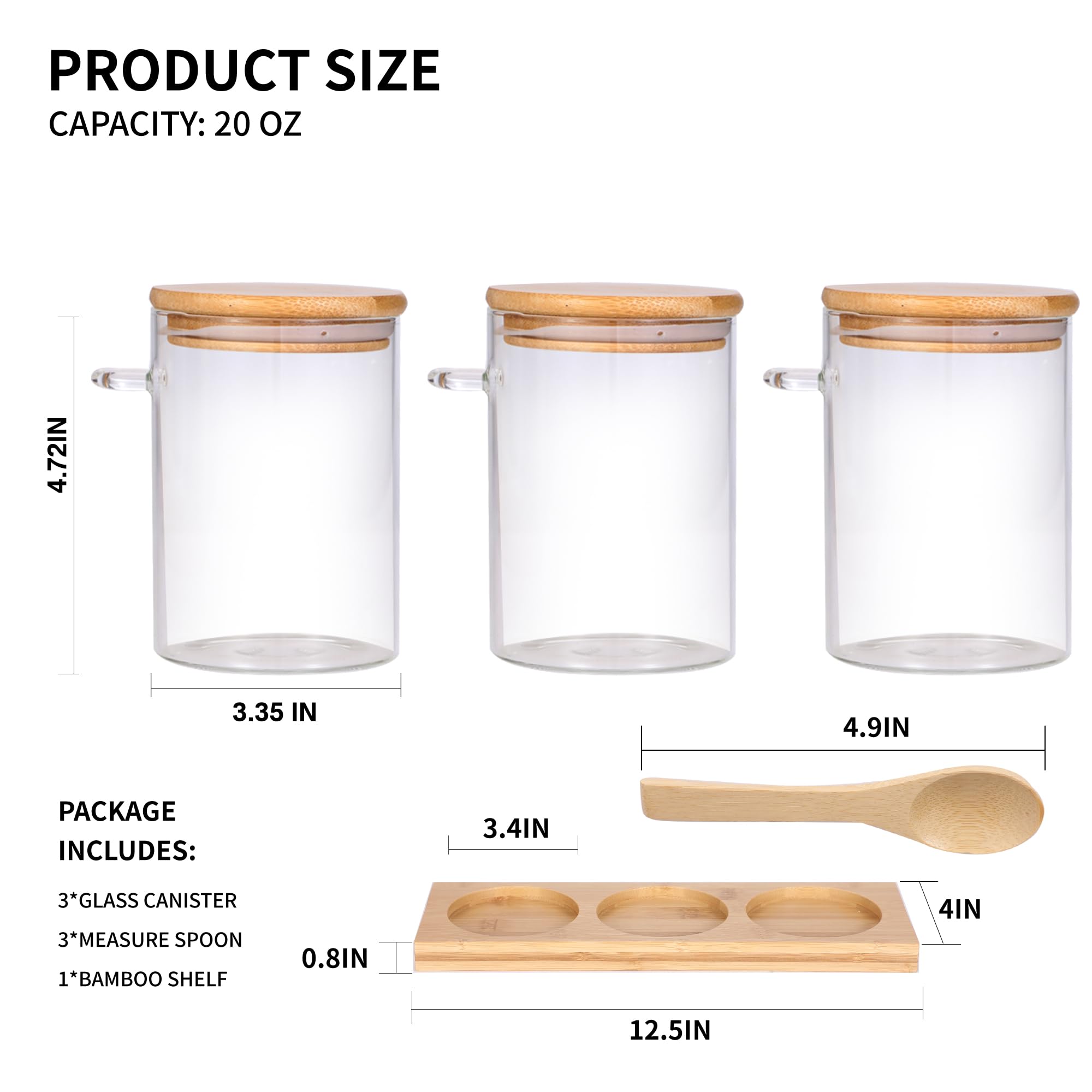 GURUDAR Glass Spice Storage Container with Spoon, 3PCS 20oz Airtight Sealed Condiment Jar with Tray, Kitchen Pantry Seasoning Canister Set for Salt Coffee Sugar Tea & Bathroom Cotton Swab Ball