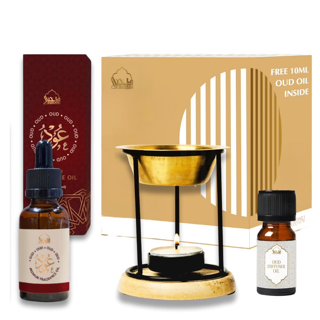 Dukhni Light Premium Oud Fragrance Oil & Oil Burner By | Brass Burner With Candle I 30Ml Oudh Essential Oil, Aroma Oil For Diffuser & Humidifier | Relaxing Aromatherapy Oil For Home | Long-Lasting Scent