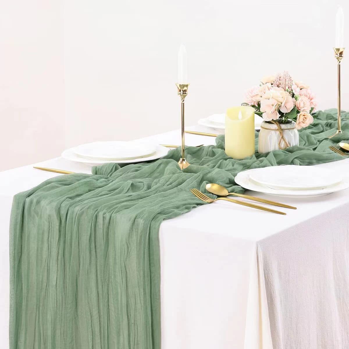 BananaHome 160inch Cheesecloth Table Runner Boho Gauze Cheese Cloth Table Runner Rustic Sheer Runner Long for Wedding Bridal Baby Shower Birthday Party Table Decorations (Sage Green, 36 x 160Inch)