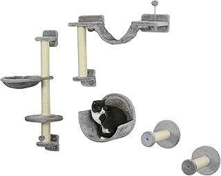 PawHut 5 Piece Cat Wall Shelves, Wall Mounted Cat Shelves with Hammock, Perches, Ladder, Scratching Posts, Cat Wall Furniture for Climbing and Relaxing, Gray