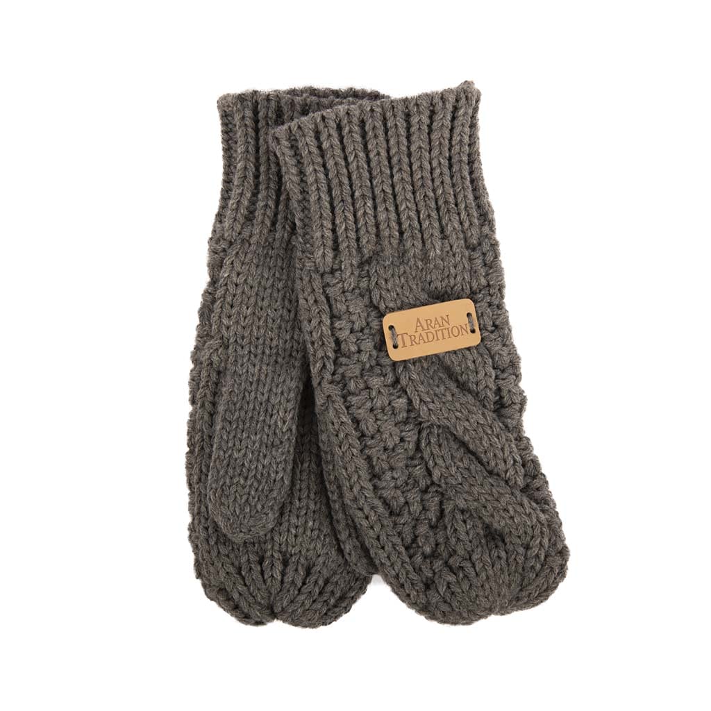 Aran Traditions Grey Diamond Knitted Winter Mittens Gloves (Grey)