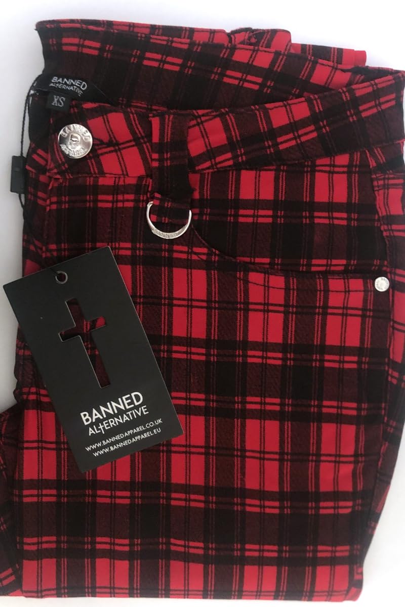 Röhrenhose Karo Hose Damen Karierte Hosen Punk Emo Alternative Mode, Rot, XL